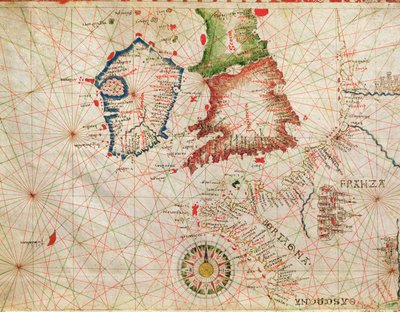 The French Coast, England, Scotland and Ireland, from a nautical atlas (detail) by Giovanni Xenodocus da Corfu